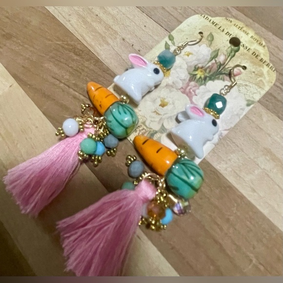 Pink and Orange Bunny Tassel Earrings - Picture 5 of 8